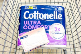 cottonelle toilet paper and flushable wipes in a cart