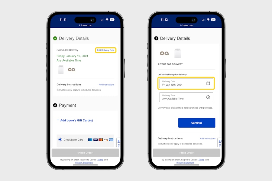 two phones showing how to schedule a delivery from lowes
