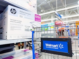 hp printer 2 on shelf next to walmart cart