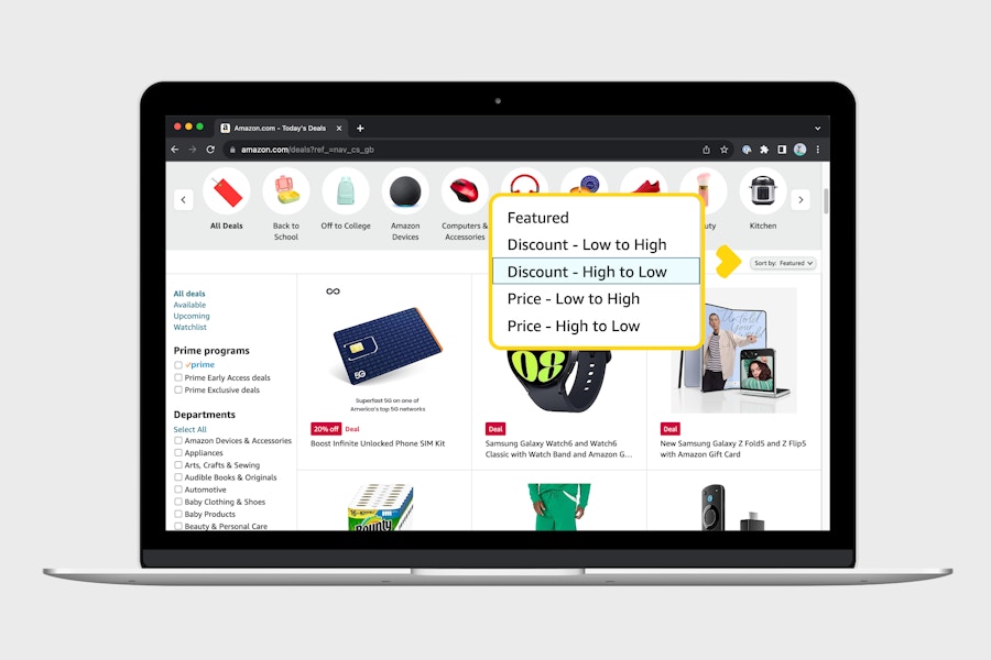 laptop screenshot with amazon lightning deals and sorting by discount
