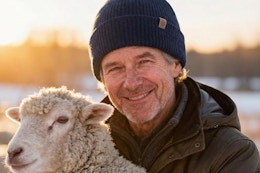 wool beanie on man with sheep