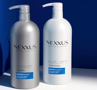 two pump bottles with shampoo and conditioner