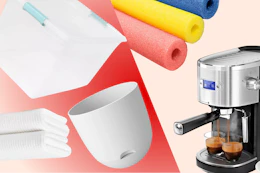 Hefty storage, Threshold planters, Threshold towels, Espresso Machine, and pool noodles