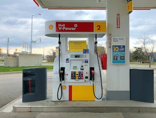 A gas pump at a Shell gas station.