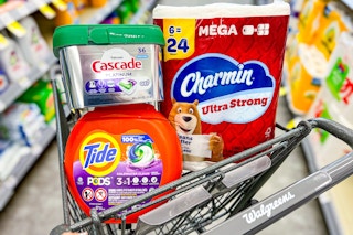 tide and charmin and cascade products in a walgreens shopping cart