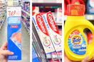 collage image of freezer food bags, colgate toothpaste, and tide simply detergent