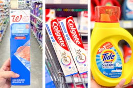 collage image of freezer food bags, colgate toothpaste, and tide simply detergent