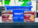 2 different flavors of the Brayers Smores Bars in front of a Walmart shopping basket 