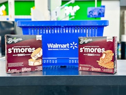 2 different flavors of the Brayers Smores Bars in front of a Walmart shopping basket 