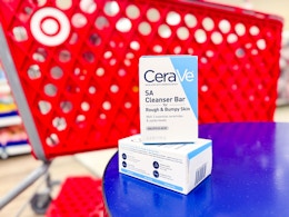 cerave sa cleanser bar sitting on a table in front of a parked target cart