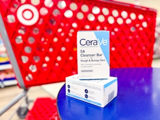 cerave sa cleanser bar sitting on a table in front of a parked target cart