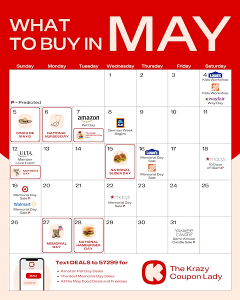 a retail event calendar for May 2024, highlighting all of the sales and special events throughout the month