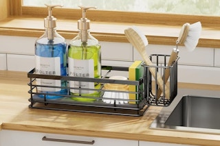 a sink caddy near a sink