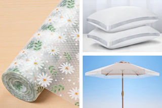3 lifestyle images: Daisy liner, 2 pillows & umbrella