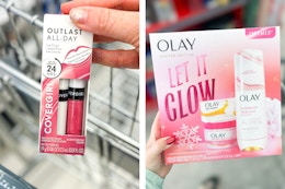 collage featuring cover girl outlast lip color and olay gift set walgreens