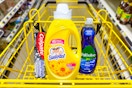 suavitel, palmolive, and colgate in a yellow shopping cart