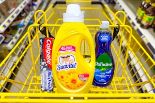 suavitel, palmolive, and colgate in a yellow shopping cart