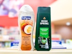 irish spring and softsoap body wash bottles on shelf