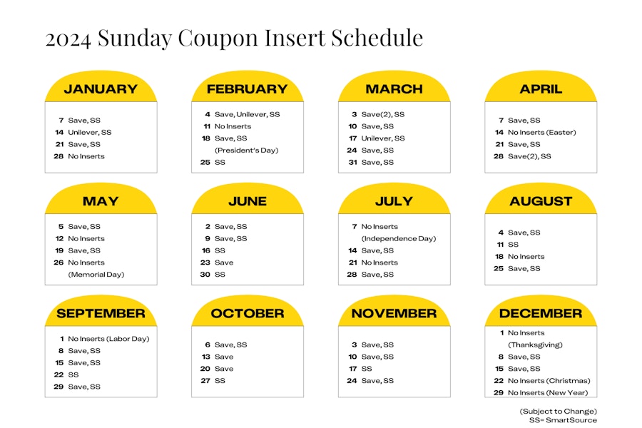 Printable Sunday Coupon Insert Schedule with dates.