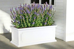 Lifestyle image of the allen + roth resin planter outside with purple flowers planted inside