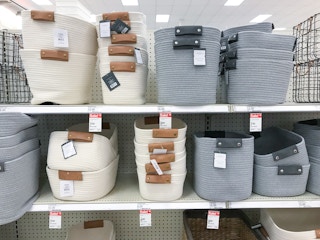 threshold storage baskets on a target shelf