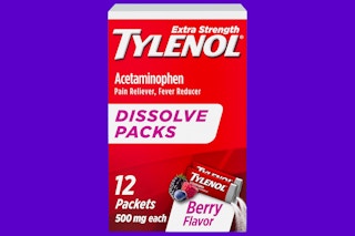 A 12-count box of Tylenol Dissolve Packs in berry flavor on a purple background