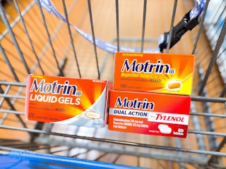 three boxes of motrin pain relievers in walmart cart