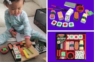 A toddler plays with the sushi play set, pieces of the sushi play set, sushi play set in box.