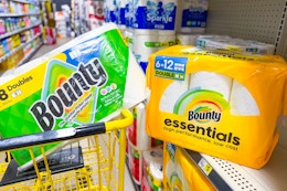 bounty paper towels in a cart and on shelf