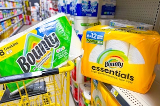 bounty paper towels in a cart and on shelf