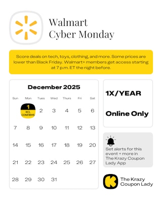 Calendar graphic of Walmart Cyber Monday confirmed for Dec 1 2025