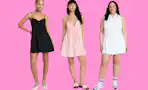 models in dresses on a pink background