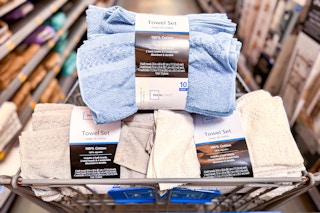 Three Mainstays 10-piece Towel Sets in Walmart shopping cart
