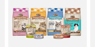 cat food bags and cans lined up