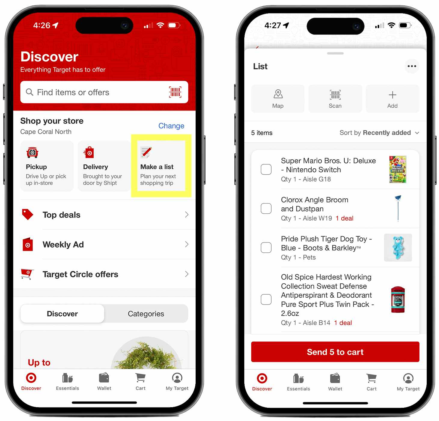 Two smartphone screenshots of the target app: one showing where to tap to start a personal shopping list, the other showing a list of ...