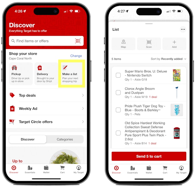 Two smartphone screenshots of the target app: one showing where to tap to start a personal shopping list, the other showing a list of ...