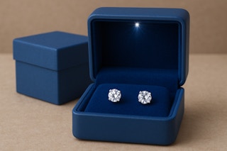 Diamond stud earrings in a light-up jewelry box. 