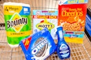 bounty, dawn, cheerios, mott's, oreo products in a shopping cart