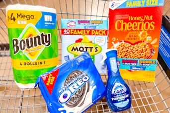 bounty, dawn, cheerios, mott's, oreo products in a shopping cart