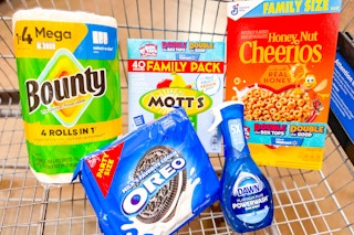 bounty, dawn, cheerios, mott's, oreo products in a shopping cart
