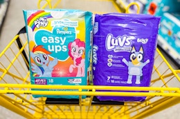 pampers easy ups and luvs diapers in a dollar general shopping cart
