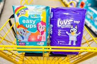 pampers easy ups and luvs diapers in a dollar general shopping cart
