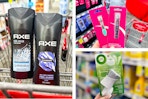 collage image of axe body wash, air wick warmer, and nail clippers