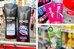 collage image of axe body wash, air wick warmer, and nail clippers