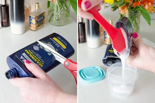 Someone cutting the top off a lotion bottle and scraping the leftover cream into a small container.