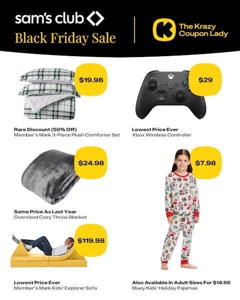 Member's Mark comforter set, Explorer Kids sofa, cozy throw blanket, Bluey holiday pajamas, and xbox wireless controller.