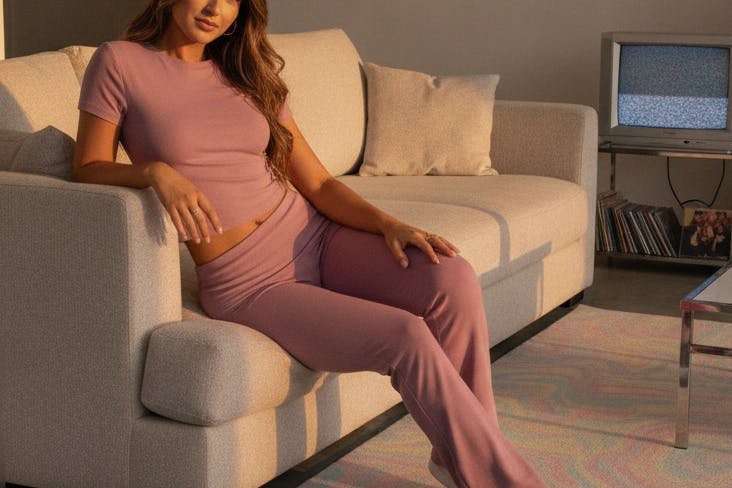 a woman wearing a lounge set