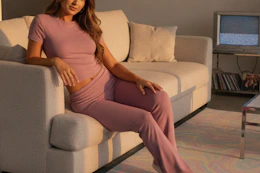 a woman wearing a lounge set