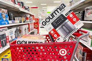 Gourmia Air Fryer tilted in front seat of Target shopping cart 