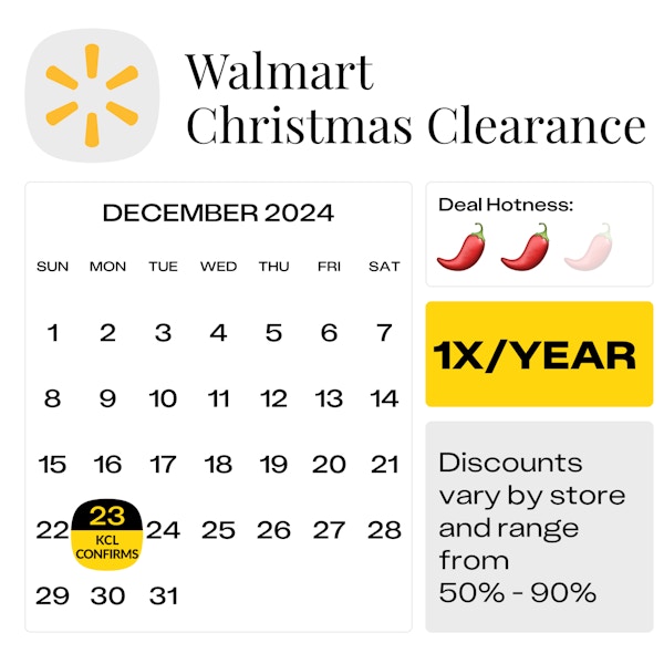 Calendar graphic showing that the start date for Walmart Christmas clearance is December 23, 2024.